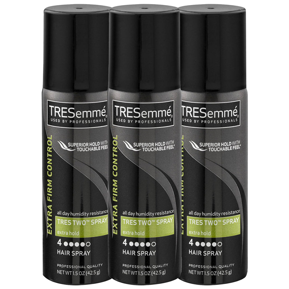 TRESemmé front packaging three small cans showing compact travel convenience