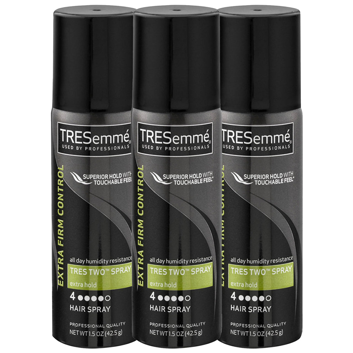 TRESemmé front packaging three small cans showing compact travel convenience