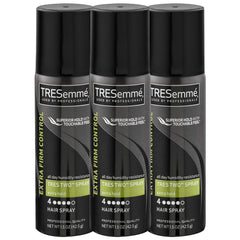 TRESemmé front packaging three small cans showing compact travel convenience
