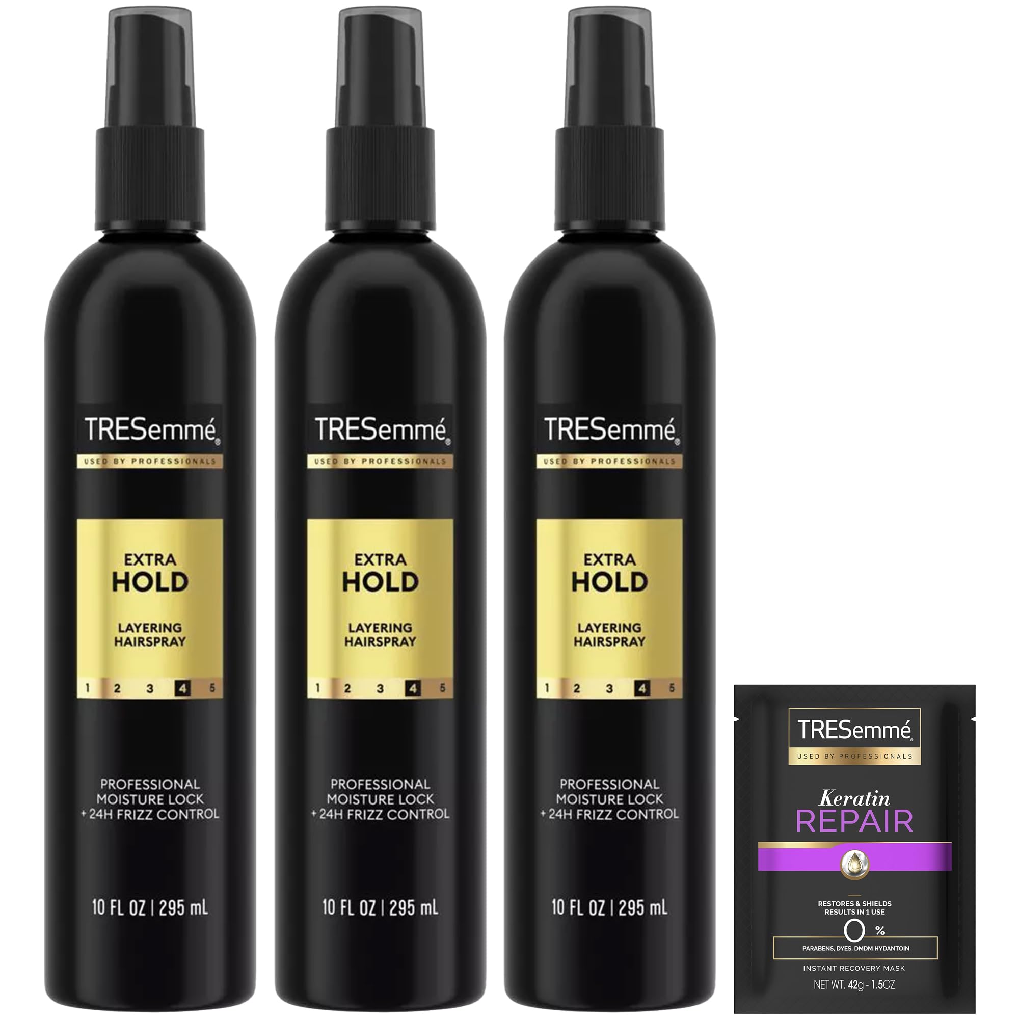 TRESemmé front packaging showing three 10 oz bottles and travel spray for consistent hold