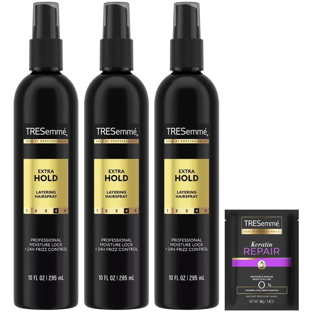 TRESemmé front packaging showing three 10 oz bottles and travel spray for consistent hold