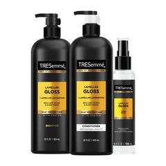 TRESemmé front packaging showing complete gloss regimen and ease use benefits