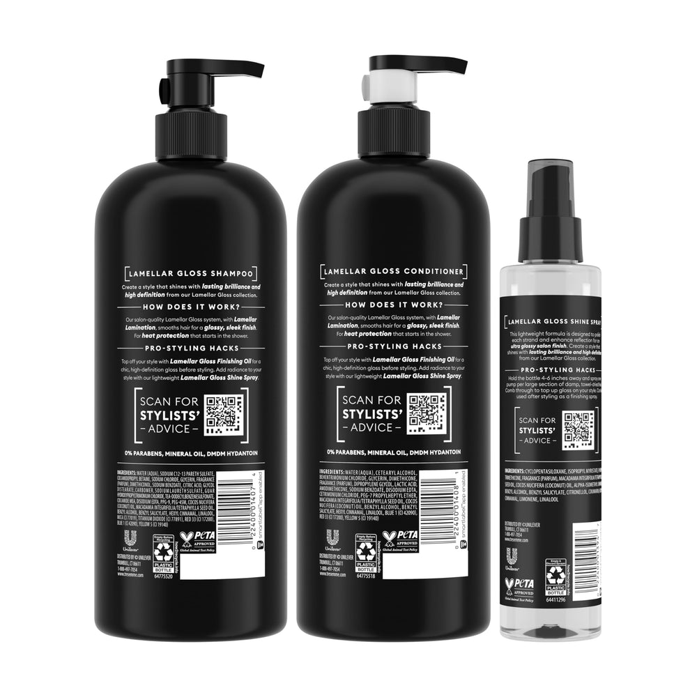 TRESemmé shampoo bottle close-up highlighting smoothening formula benefit