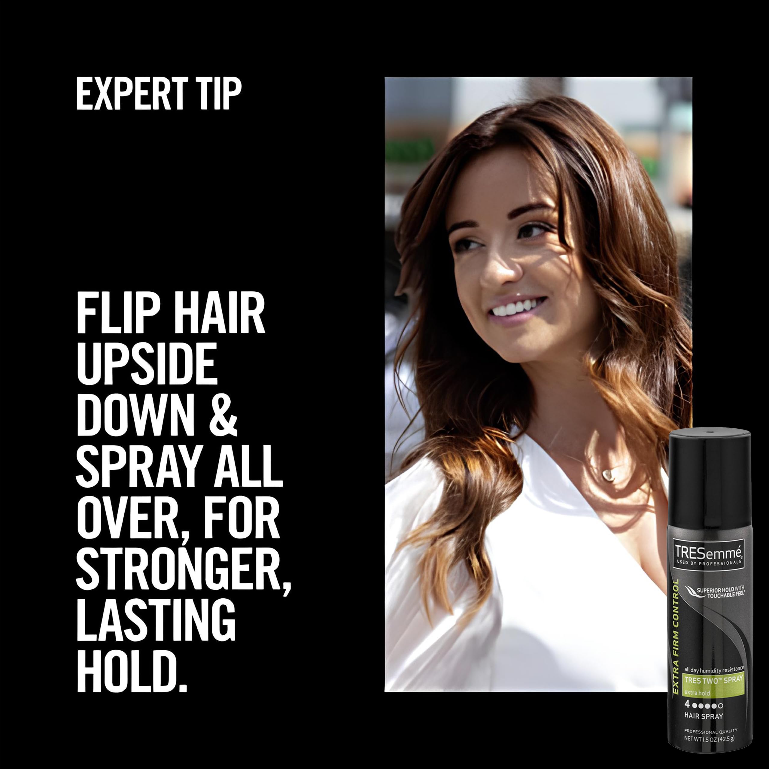 TRESemmé lifestyle shot touchup at mirror offering sleek, ready styling