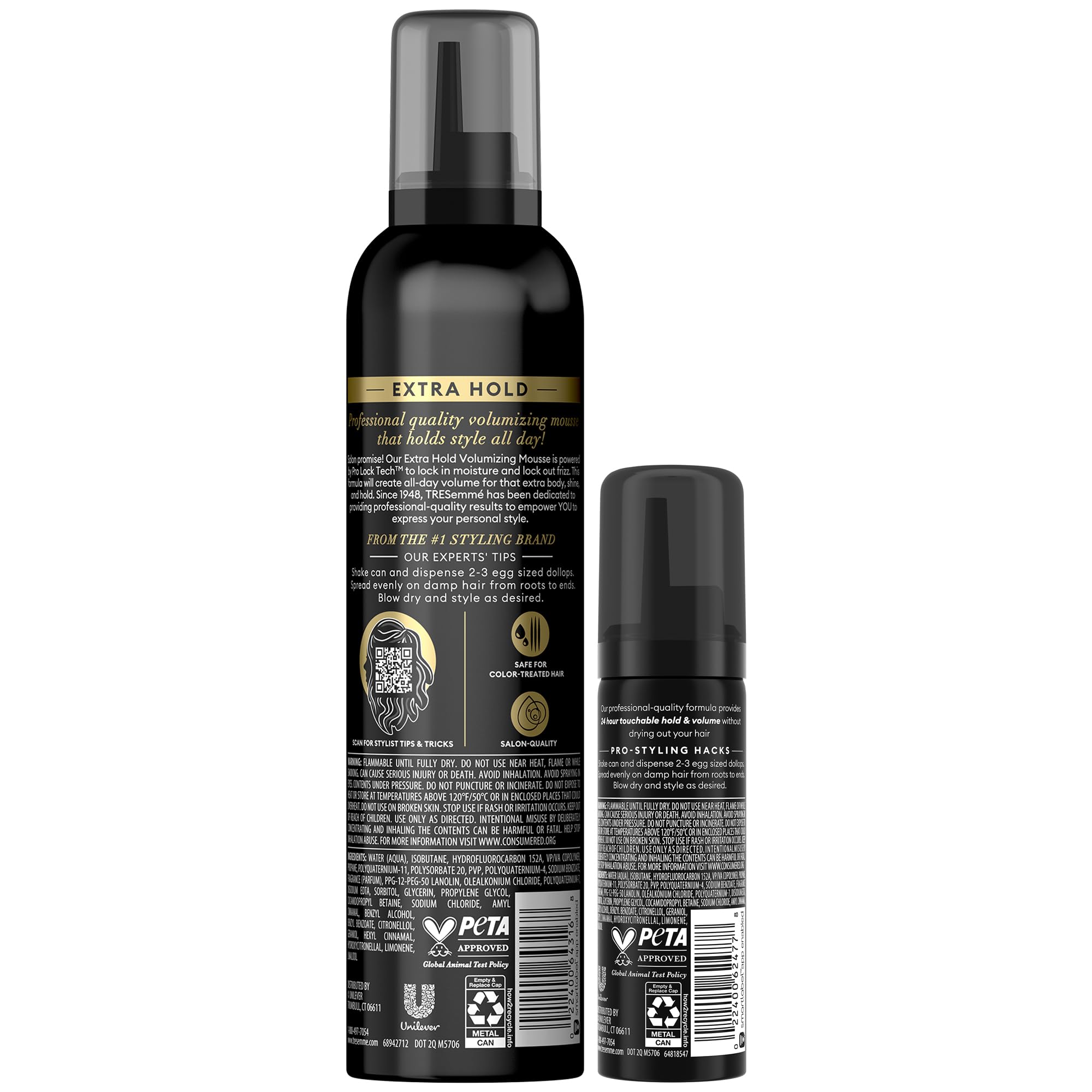 TRESemmé travel-size bottle beside full-size bottles highlighting portability and consistent results