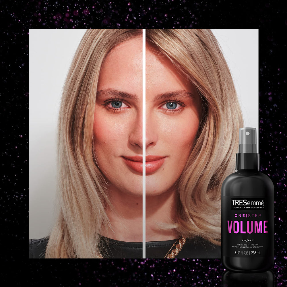 TRESemmé bottle among styling tools showing convenience and care