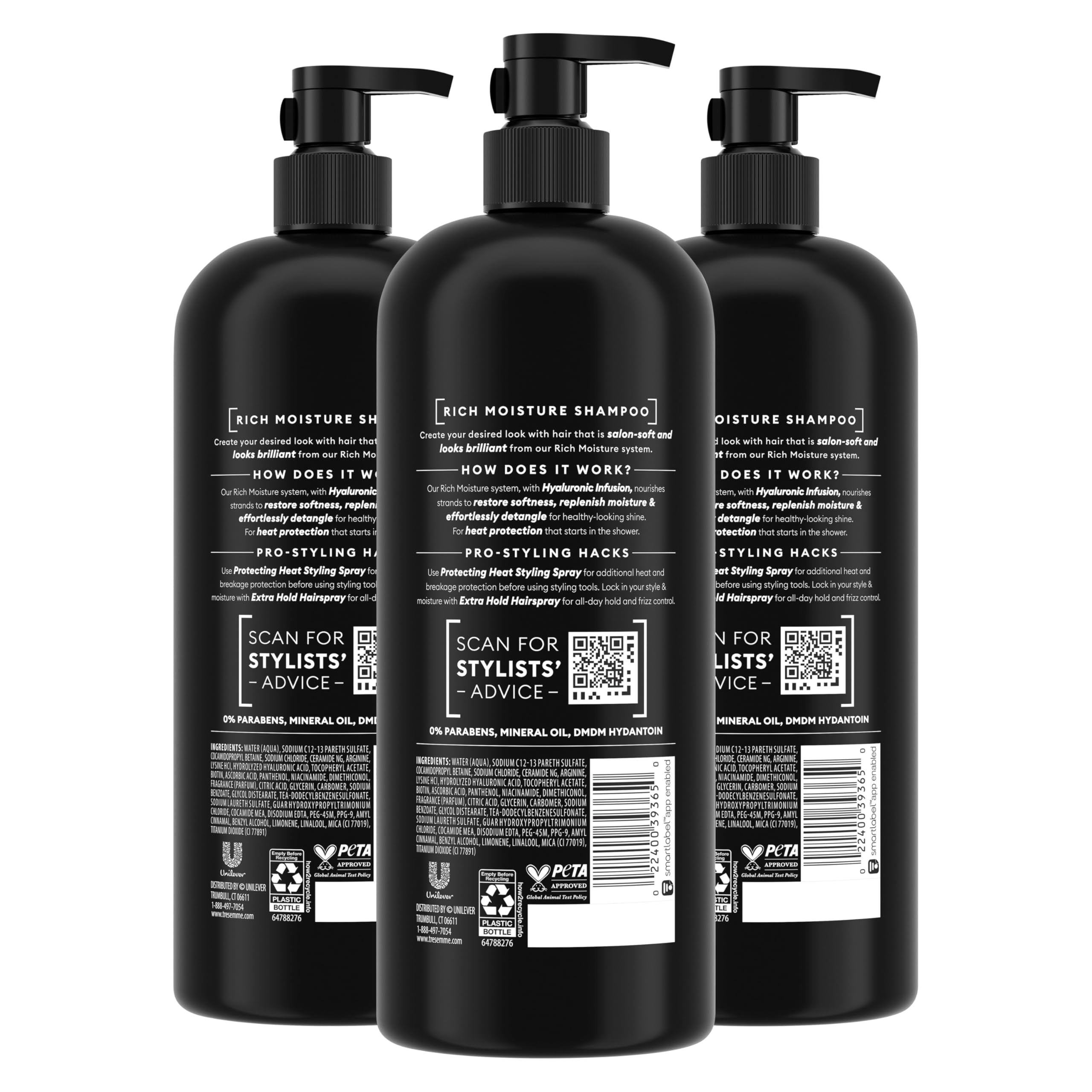TRESemmé close-up of bottle label highlighting formula and moisture benefit