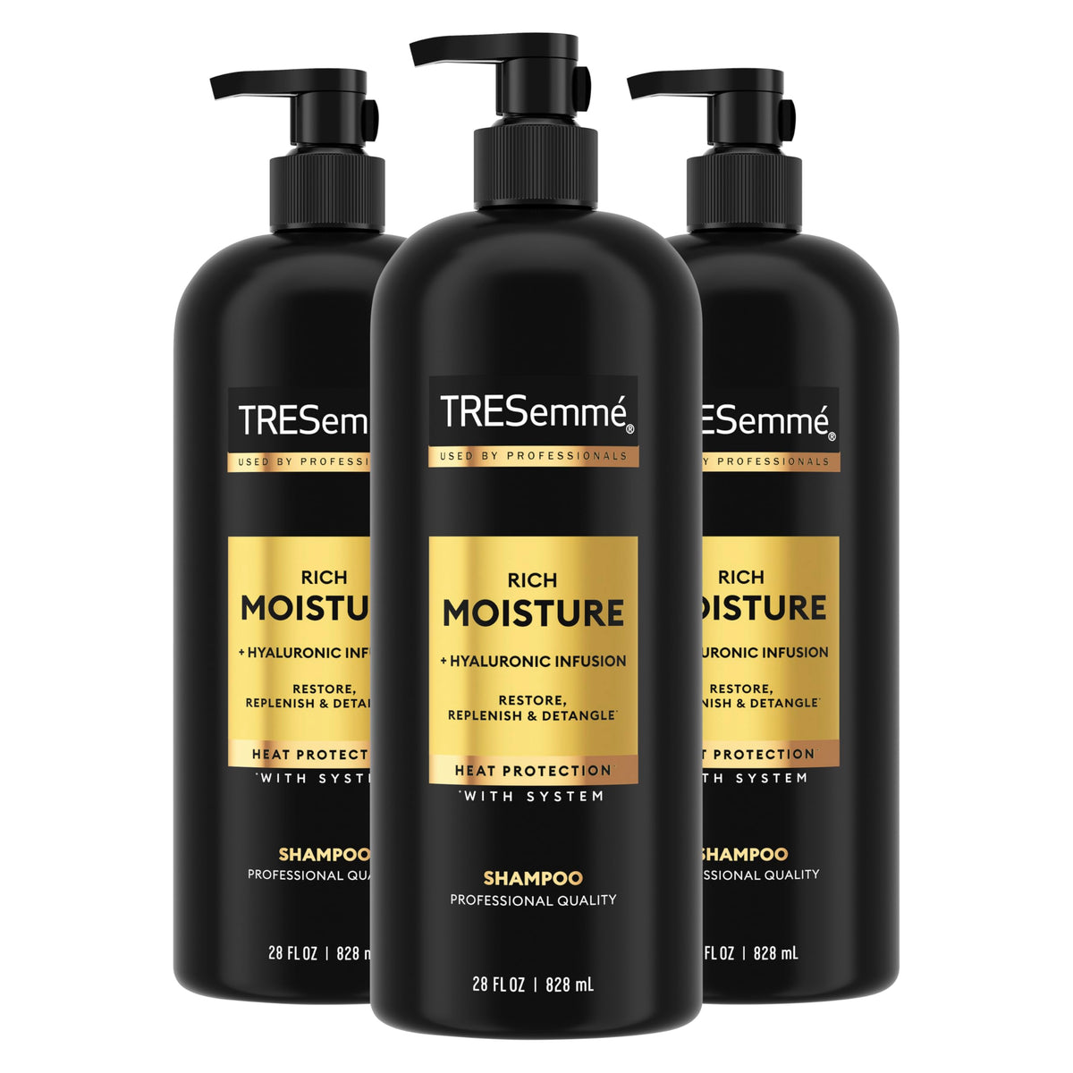 TRESemmé front packaging of Rich Moisture shampoo showing large 28 oz bottle and benefits