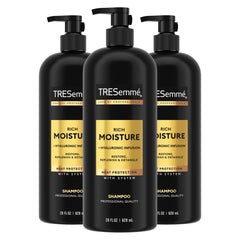 TRESemmé front packaging of Rich Moisture shampoo showing large 28 oz bottle and benefits