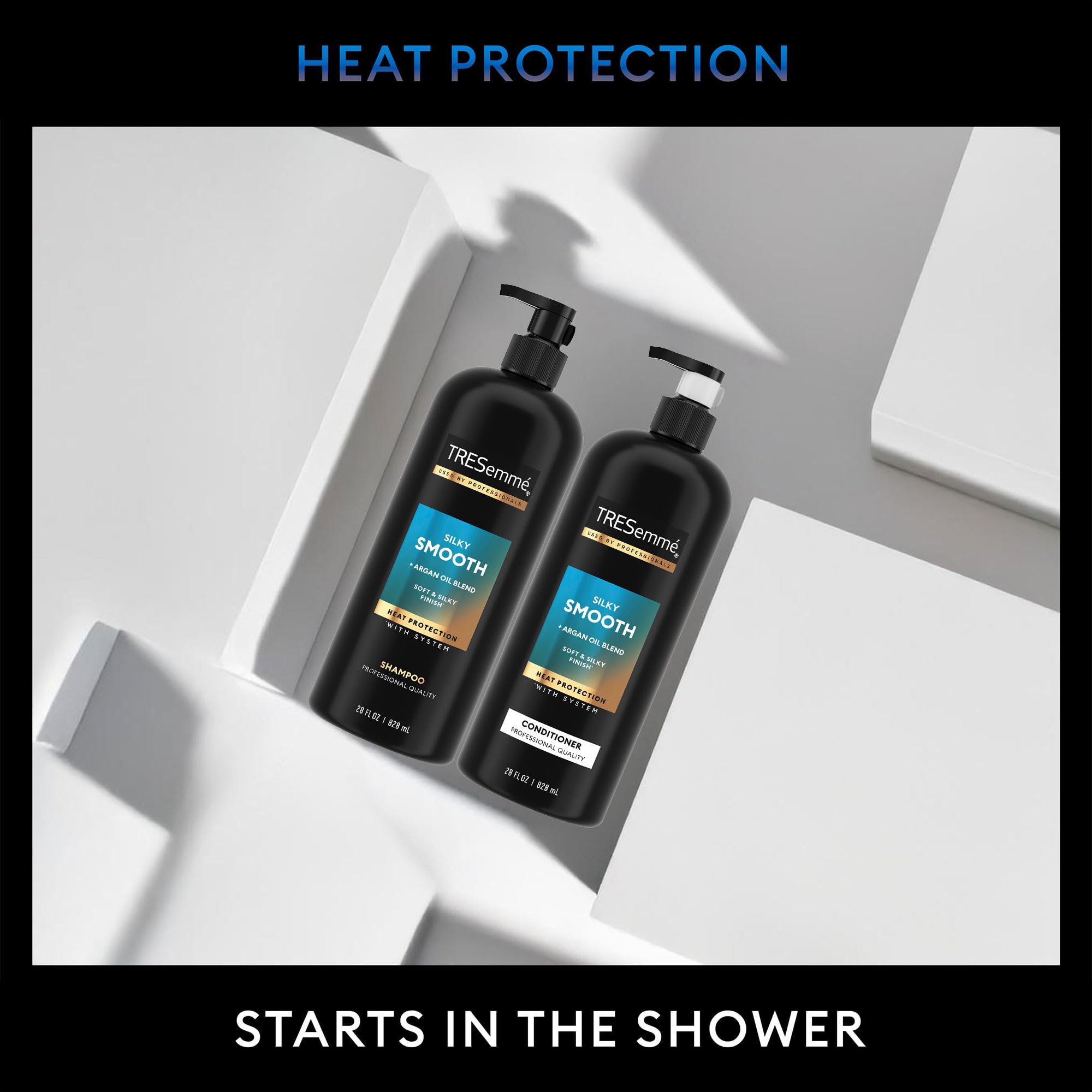 TRESemmé shampoo pouring to show lightweight texture and gentle cleansing benefit