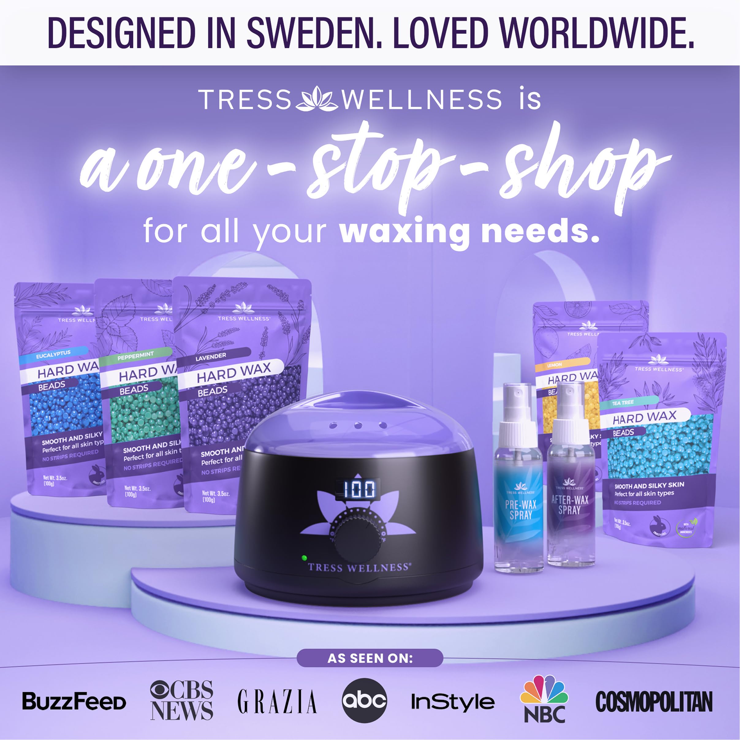 Tress Wellness lifestyle setup on bathroom counter for easy home waxing