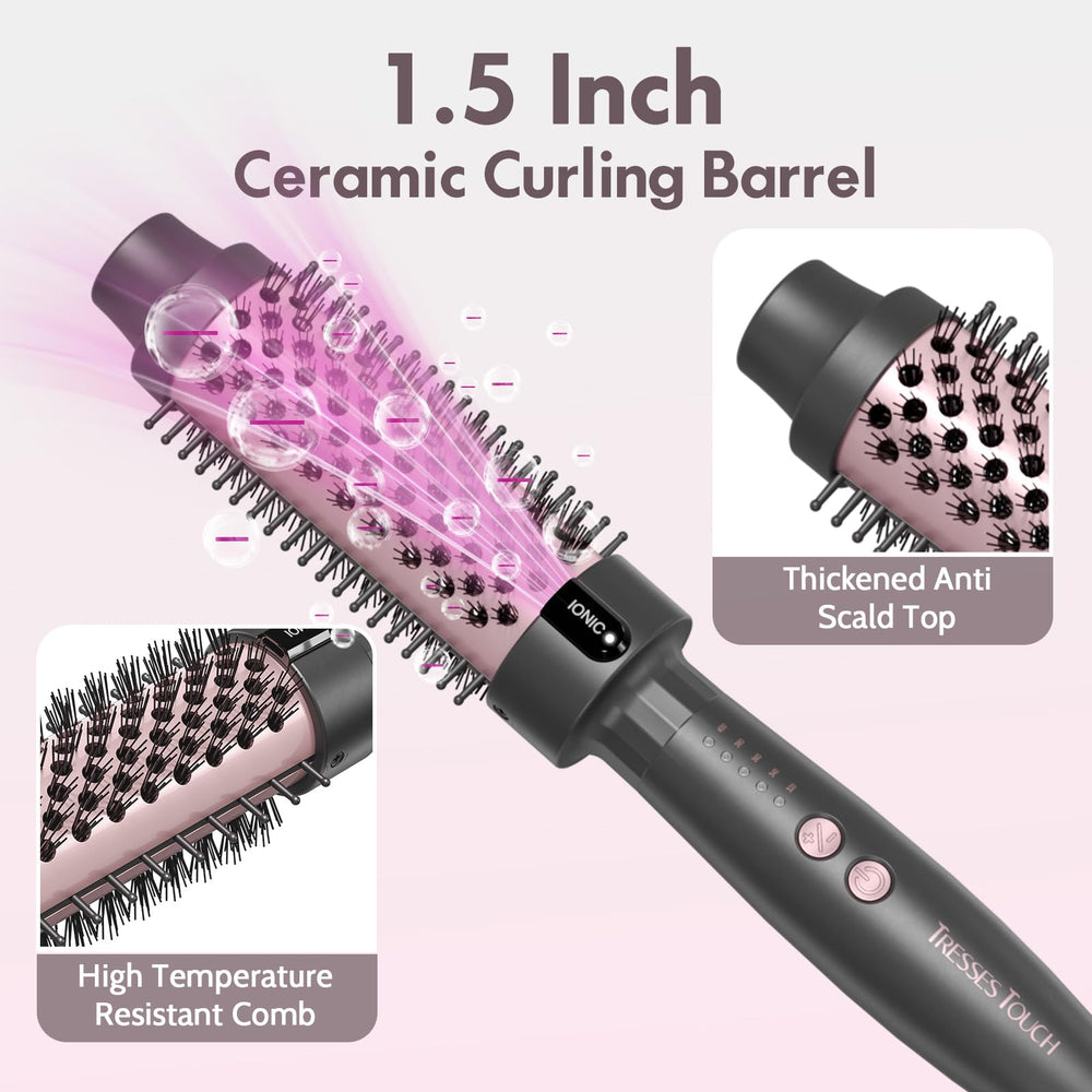 Tresses Touch heated brush temperature display showing five settings benefit control