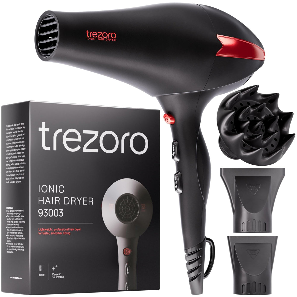 TREZORO front view showing sleek black dryer and ergonomic handle for comfortable styling