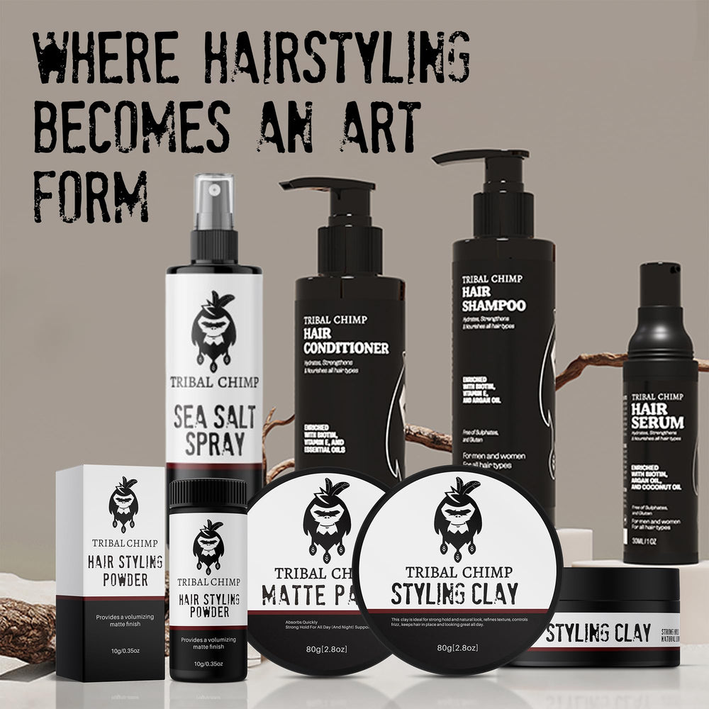 Tribal Chimp styled hair in outdoor setting showing natural matte finish