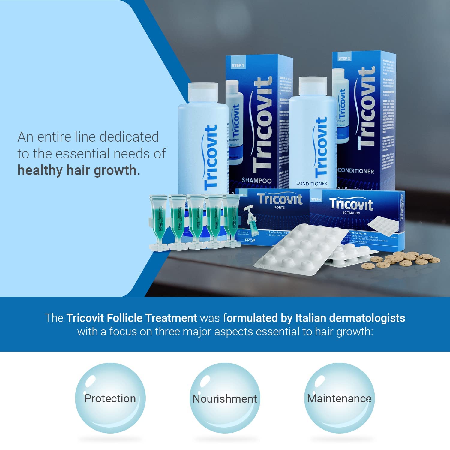Tricovit on bathroom counter with towel depicting daily routine integration benefit