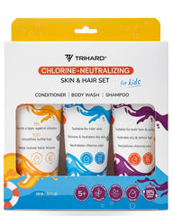 TRIHARD front packaging of three-piece kids swim care set shows product lineup and benefits
