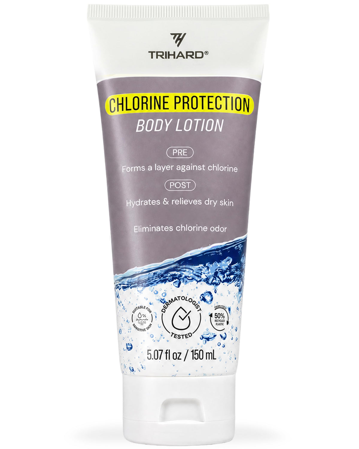 TRIHARD front bottle view showing clean swimmer-focused packaging and protection