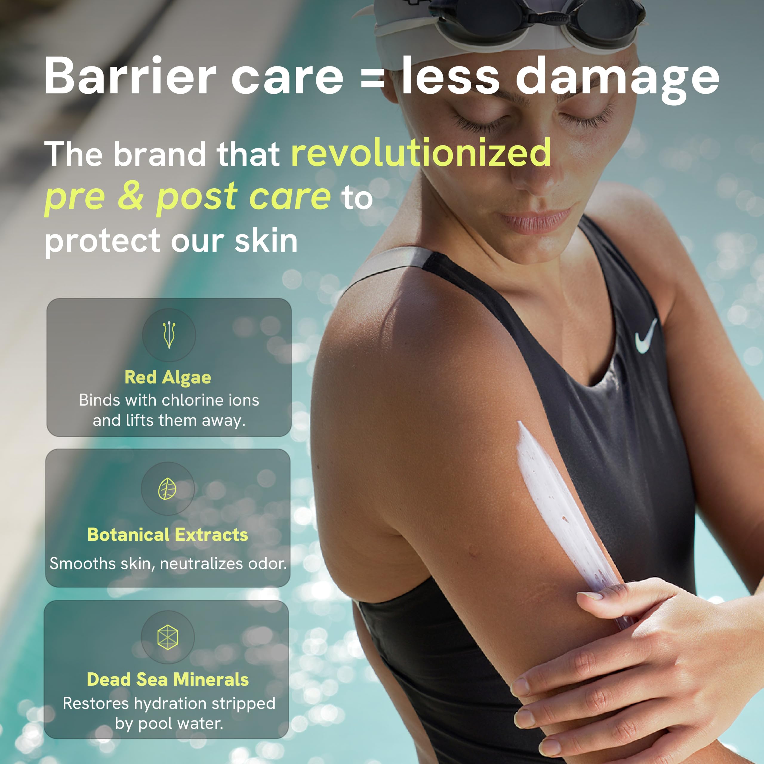 TRIHARD label close-up highlighting gentle, swimmer-safe ingredient list