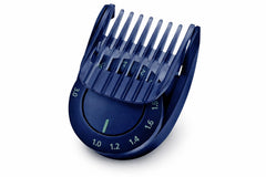 Trimmer front view showing green 1–3mm guard comb and durable teeth benefit