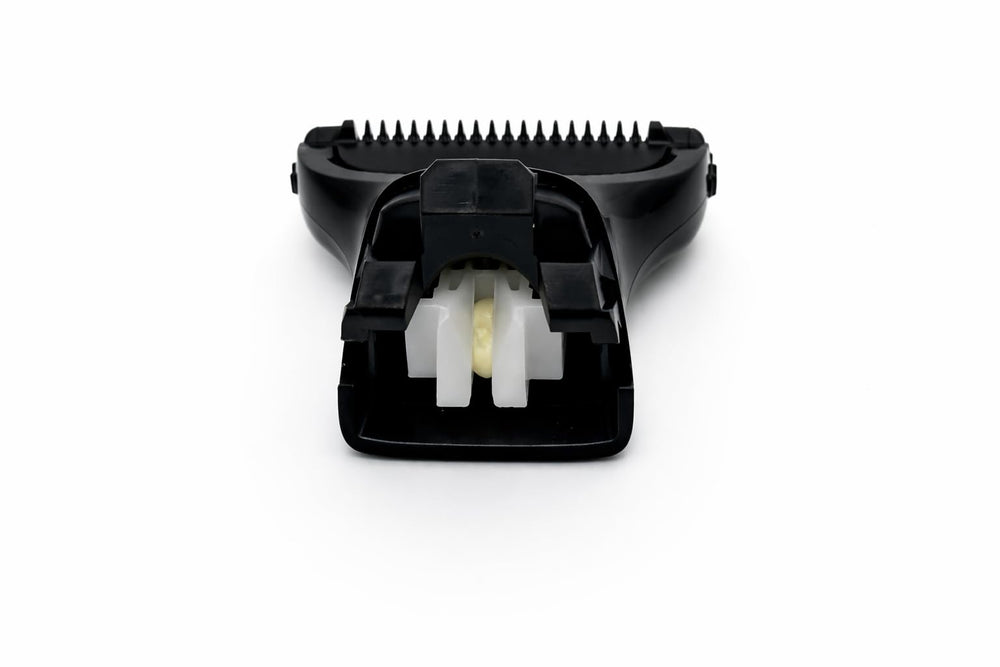 Trimmer replacement head in bathroom setting for convenient grooming upkeep