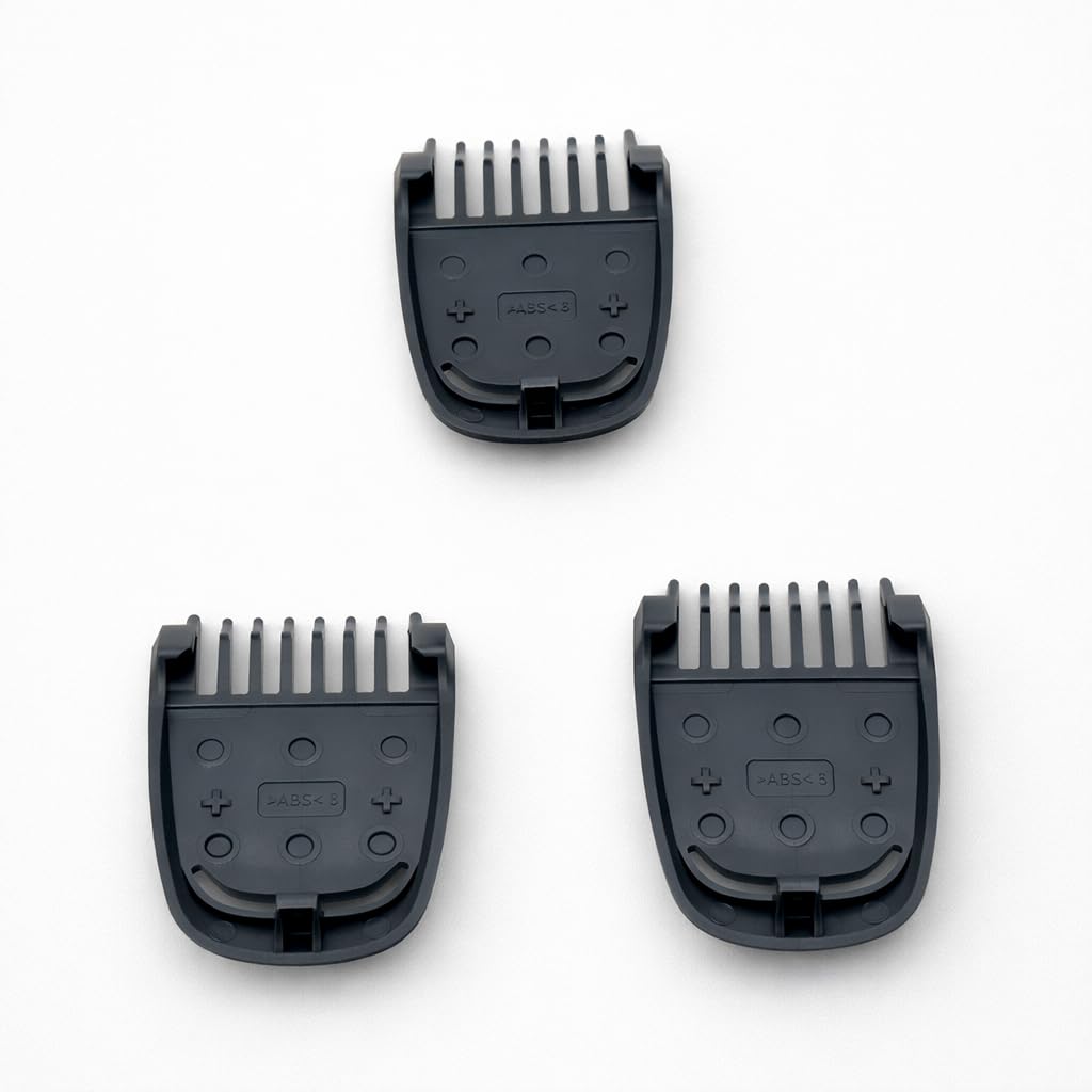 Trimmer guards on bathroom vanity showing Trimmer ready grooming setup