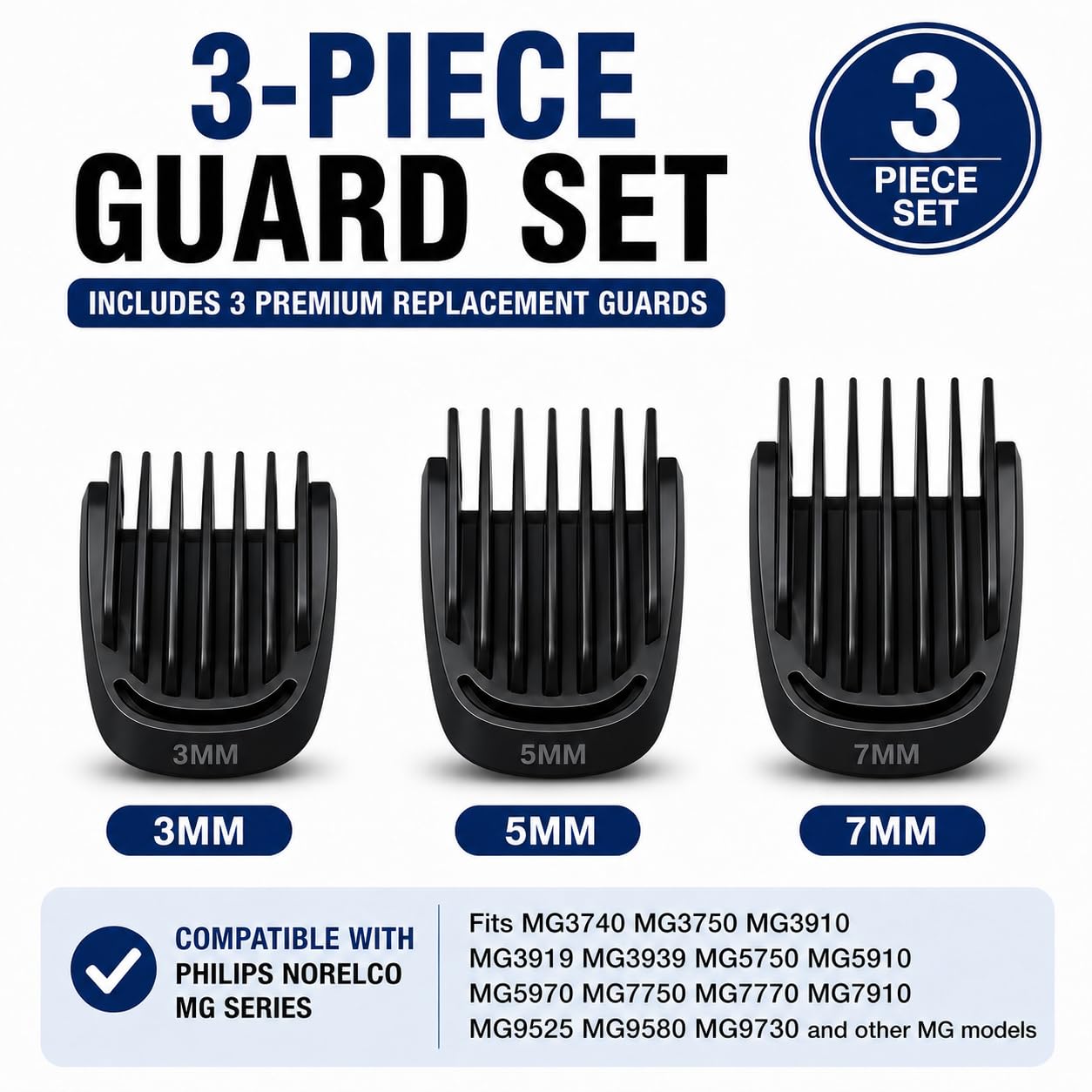 Trimmer side profile of all three guards showing Trimmer length options