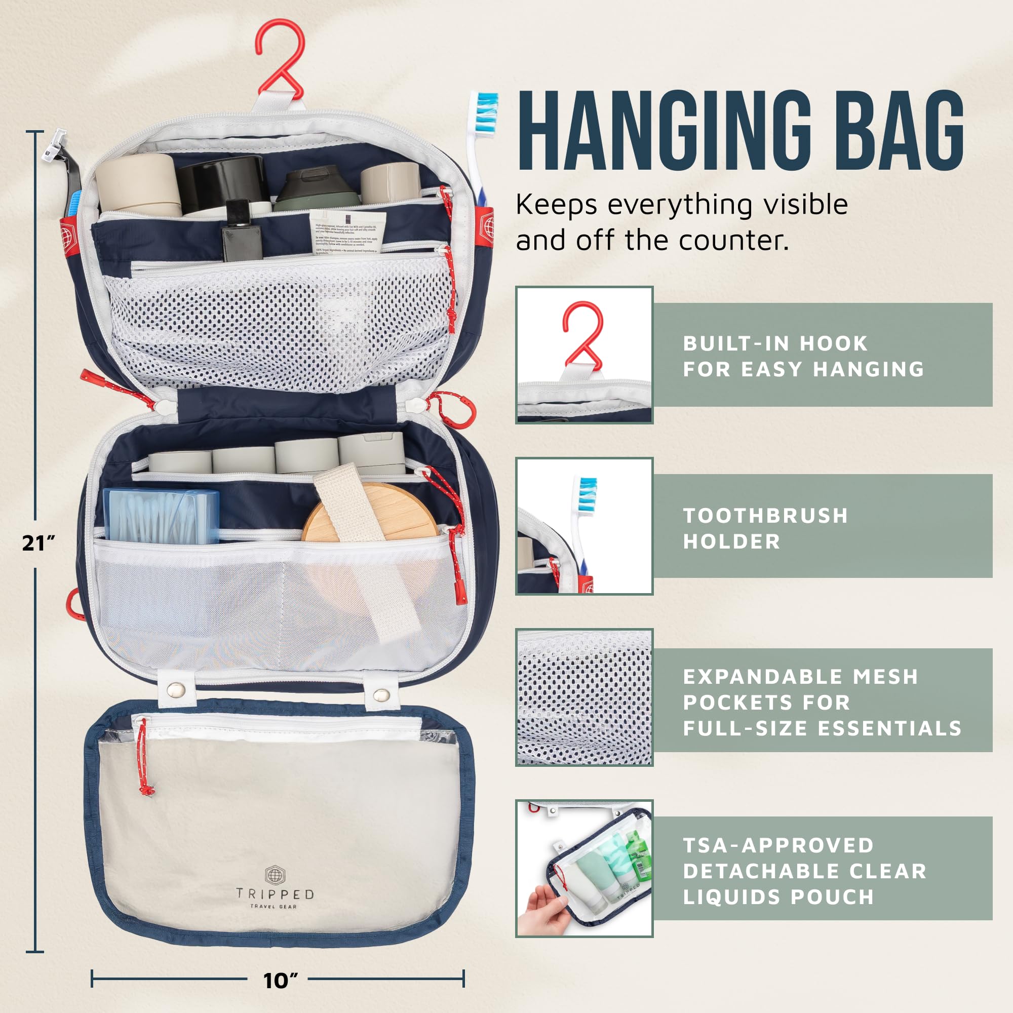 TRIPPED accessory pouch flat-lay displaying slim profile and tidy cable storage benefit