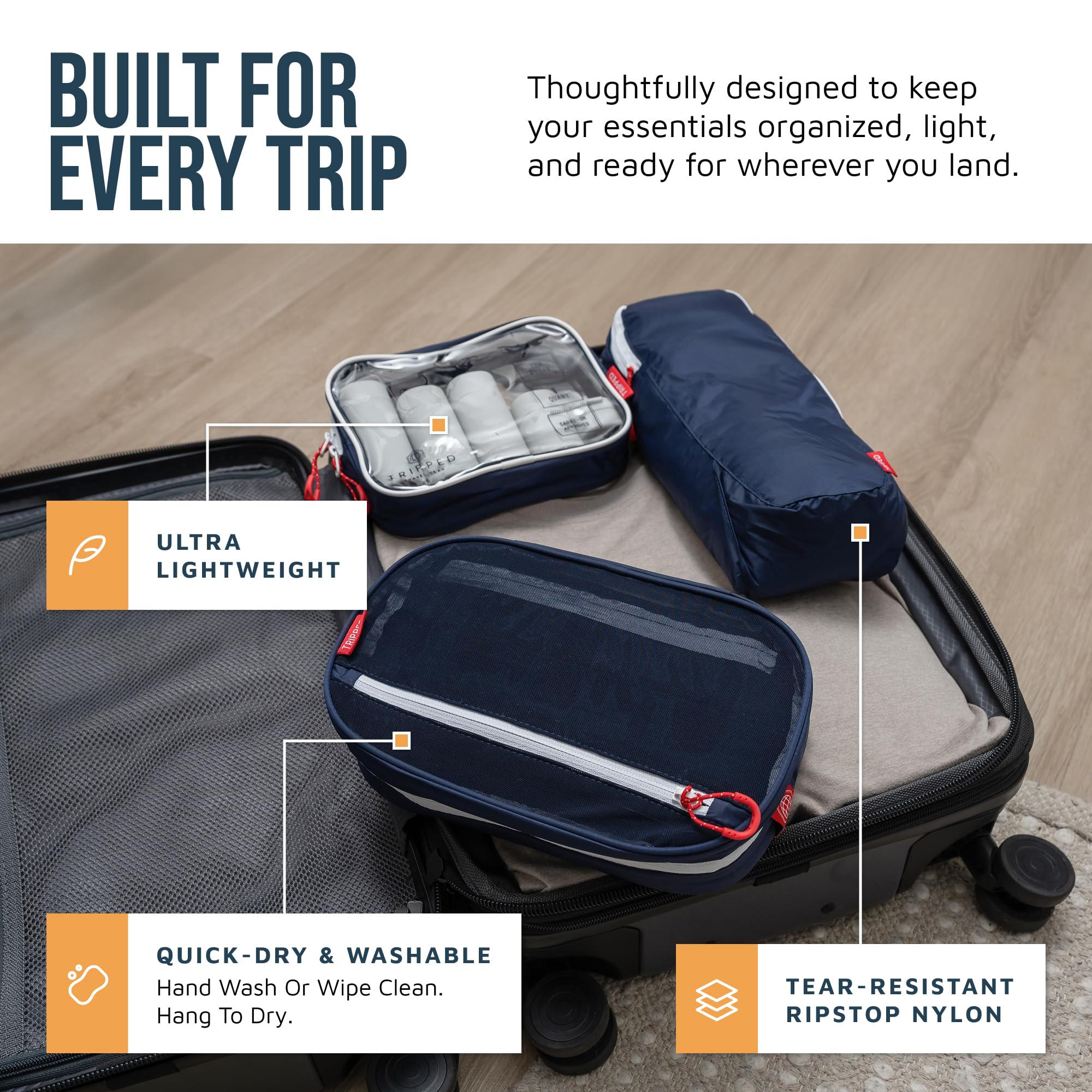 TRIPPED clear TSA quart pouch detail showing transparency and quick security screening benefit
