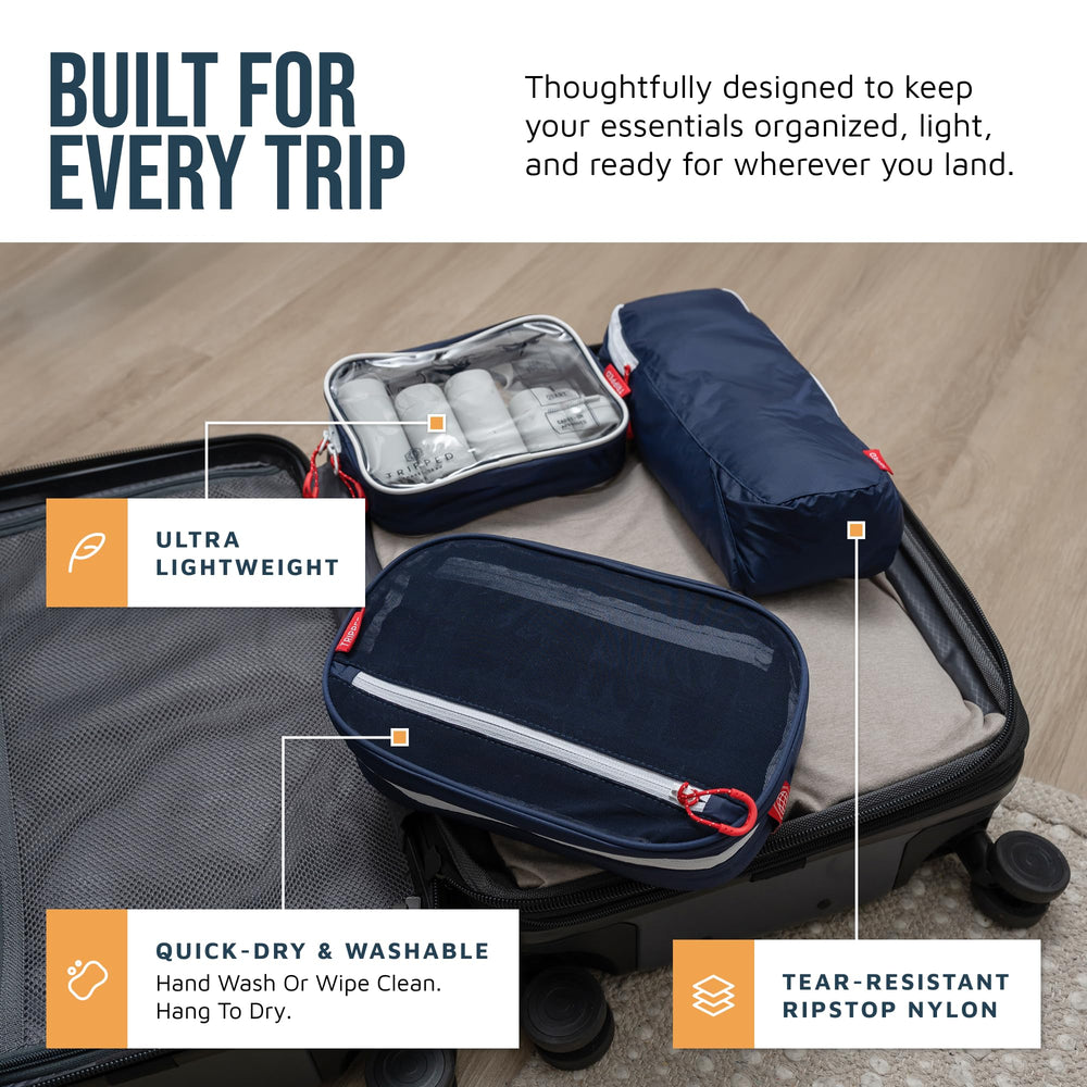 TRIPPED clear TSA quart pouch detail showing transparency and quick security screening benefit