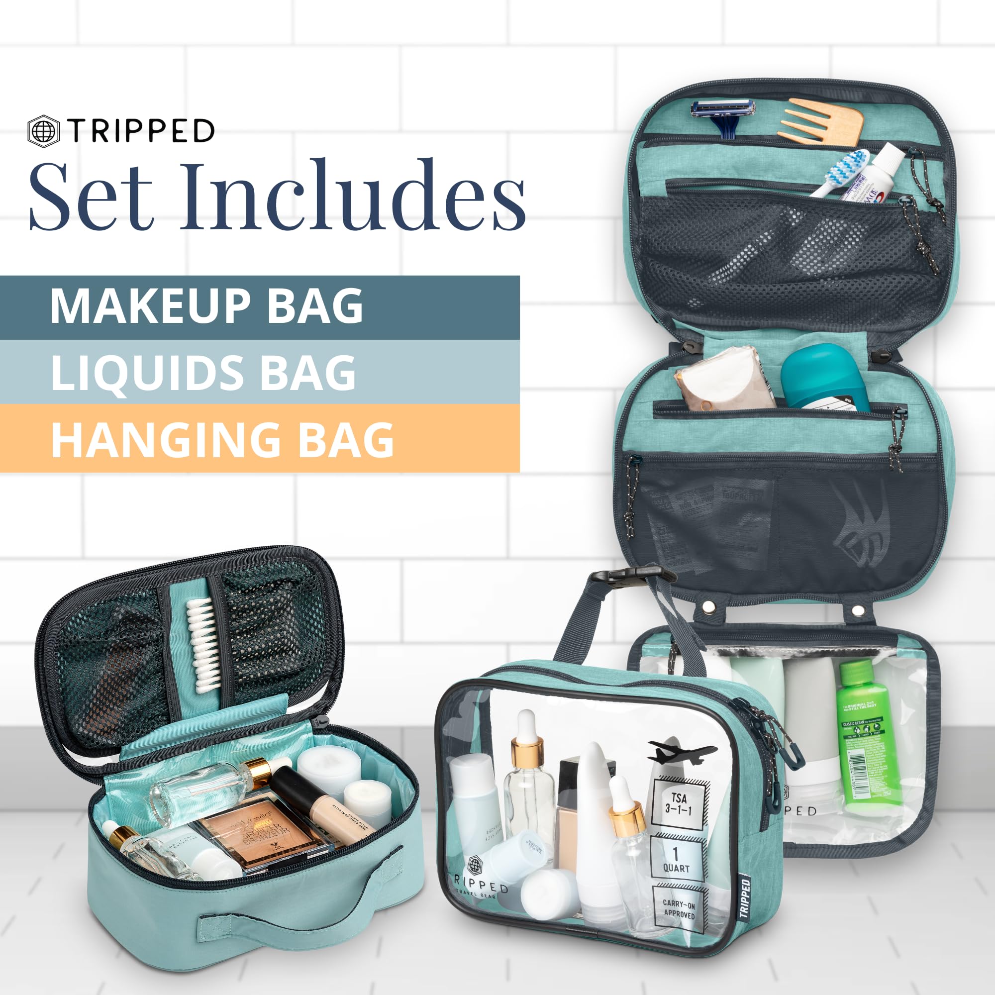 TRIPPED hanging toiletry bag open in bathroom offering counter-saving storage