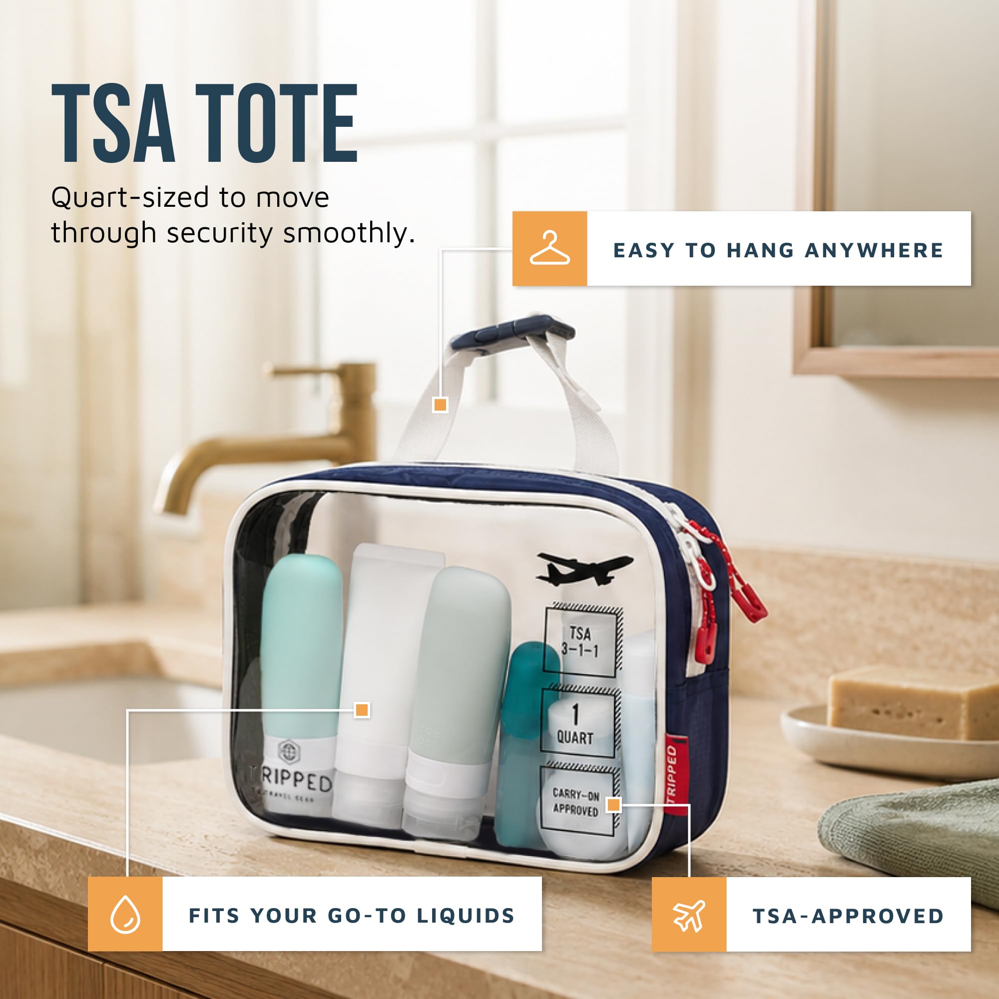 TRIPPED hanging bag open on bathroom hook for hands-free access and easy unpacking benefit