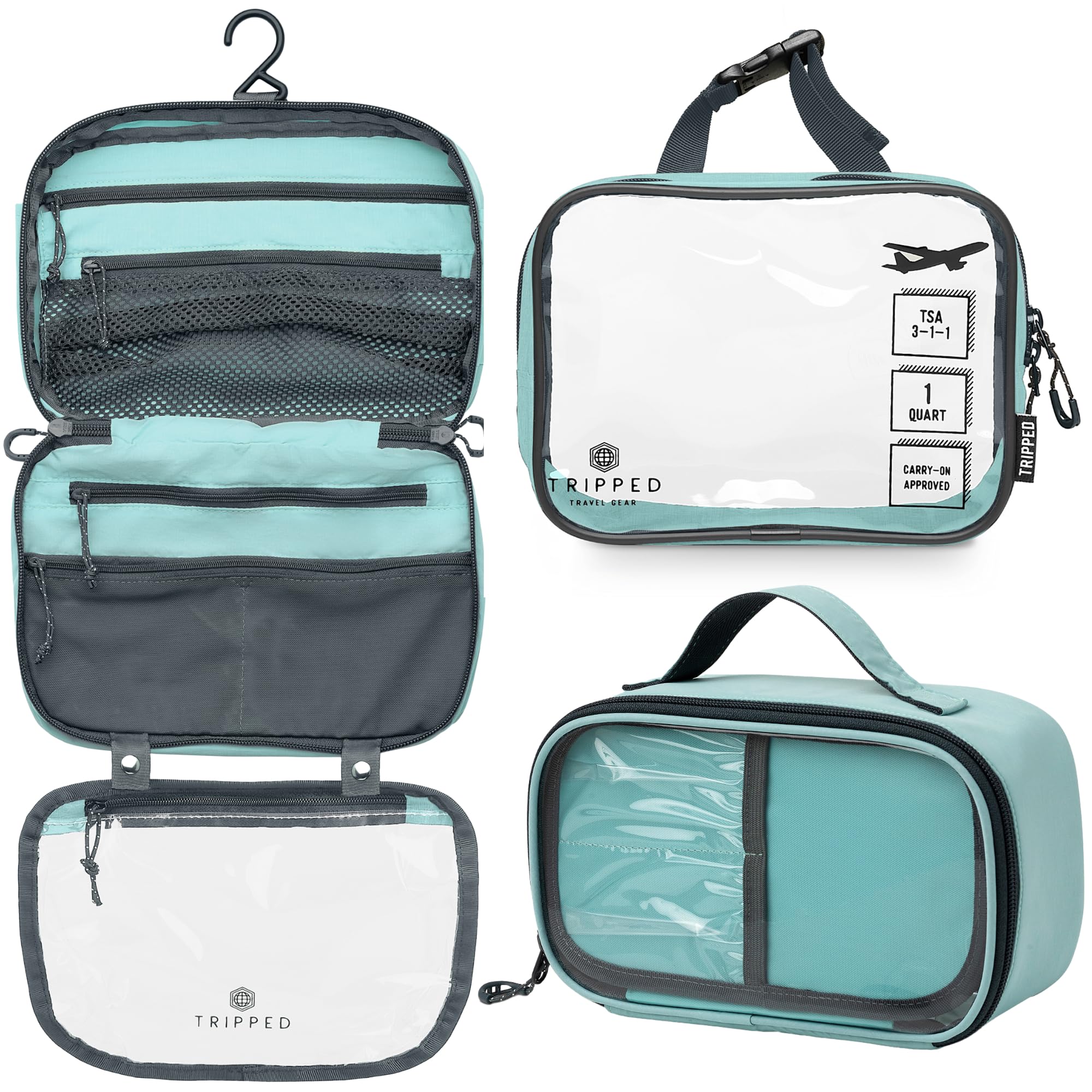 TRIPPED hanging toiletry bag front view with organized pockets and easy access