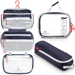 TRIPPED hanging toiletry bag front view showing organized pockets and compact storage benefit