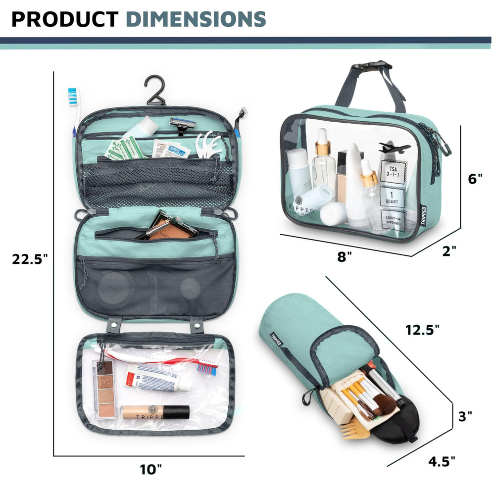 TRIPPED toiletry set hung in a hotel bathroom for convenient use