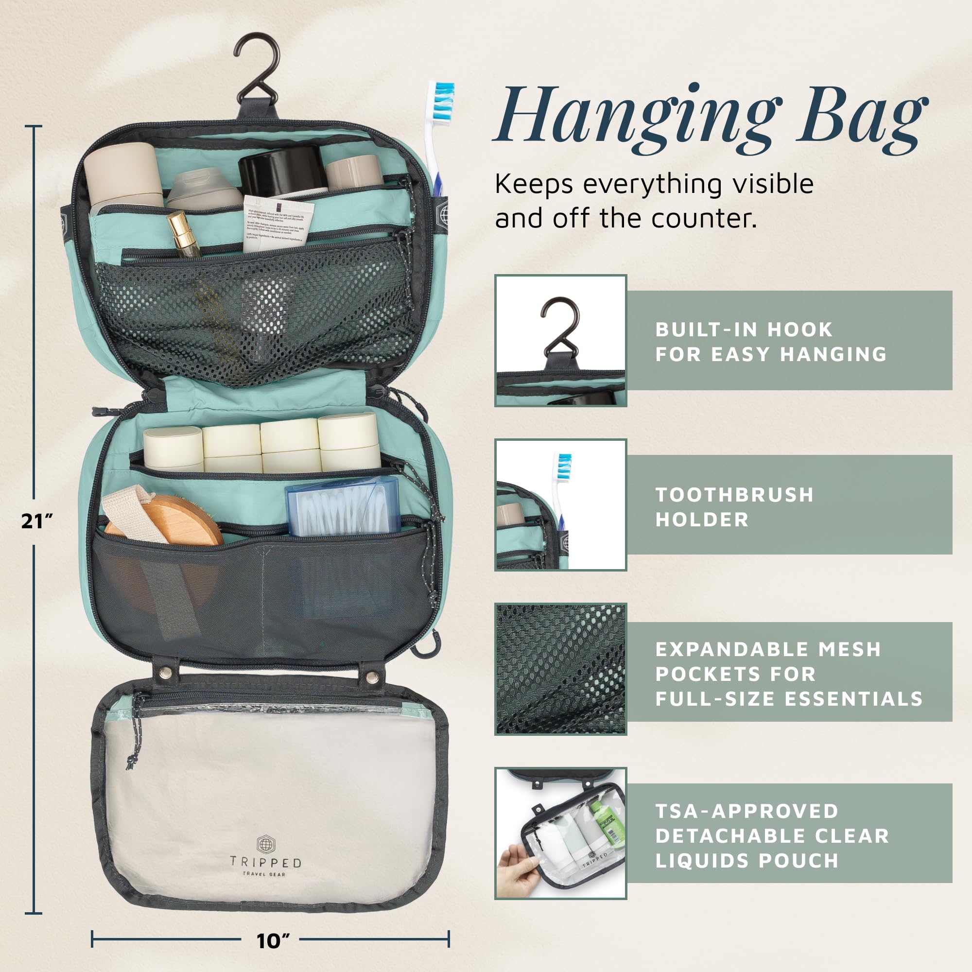 TRIPPED makeup bag interior with wipeable lining for quick spill cleanup