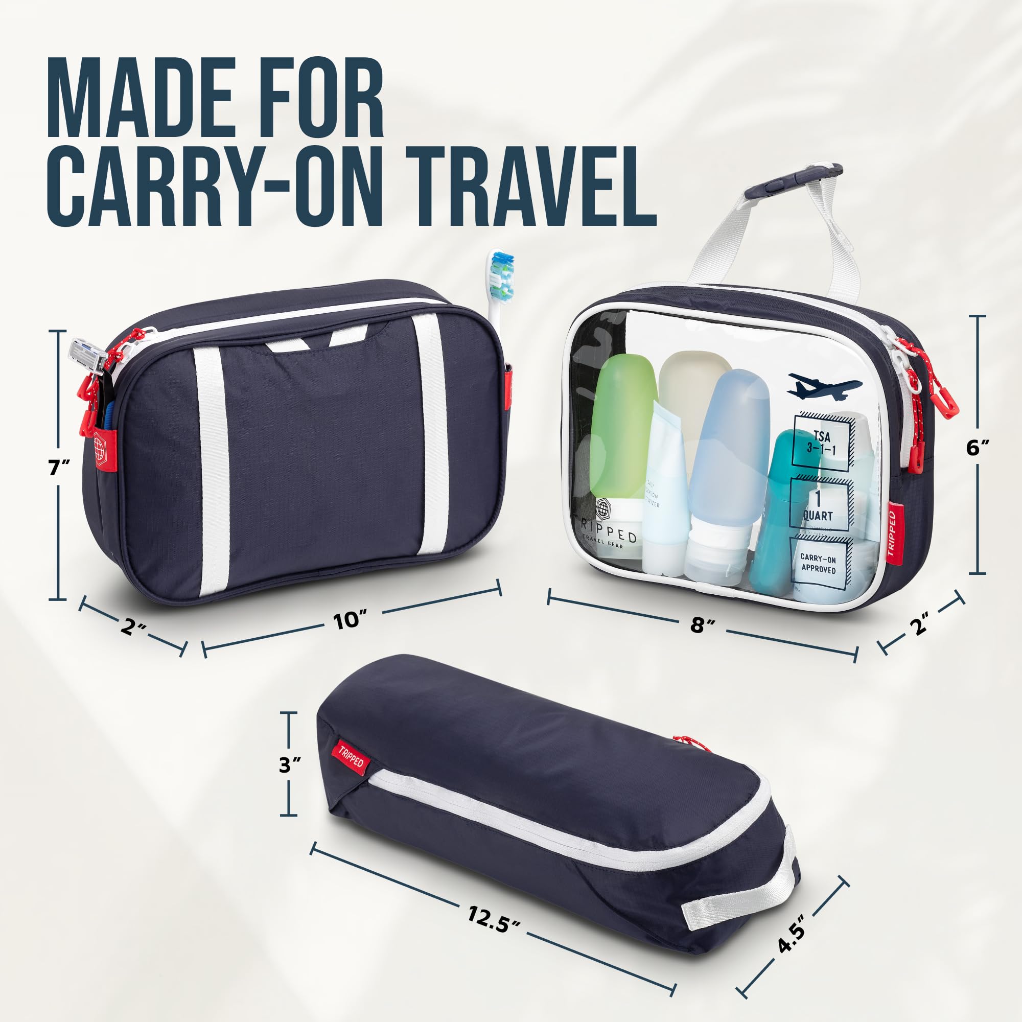 TRIPPED size comparison with common toiletries to illustrate compact packing benefit