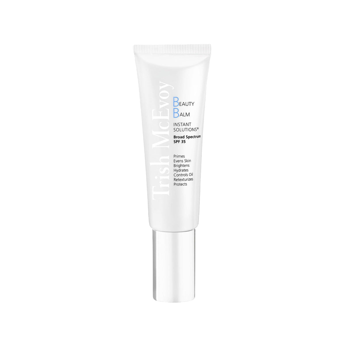Trish McEvoy Beauty Balm front tube showing product and shade, fast application benefit