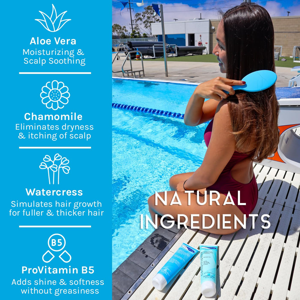 TRISWIM conditioner creamy texture on hand, smooths and hydrates strands