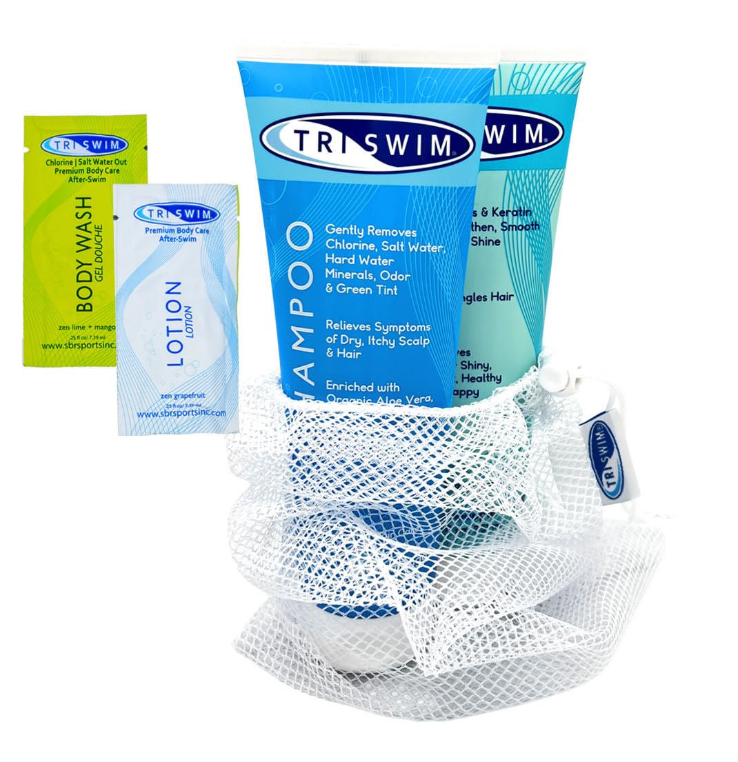 TRISWIM front packaging showing shampoo and conditioner, clarifies and restores