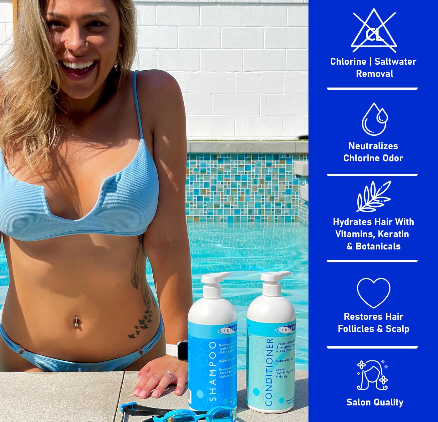TRISWIM before and after hair comparison restoring shine and manageability