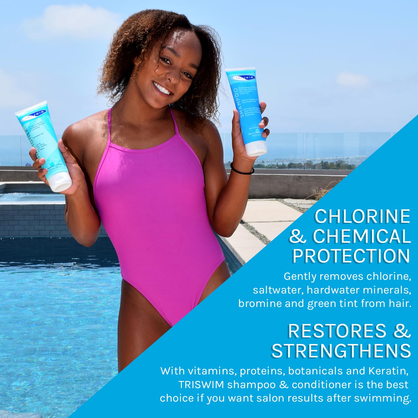Person using TRISWIM after swim, brand refreshing hair and neutralizing odor