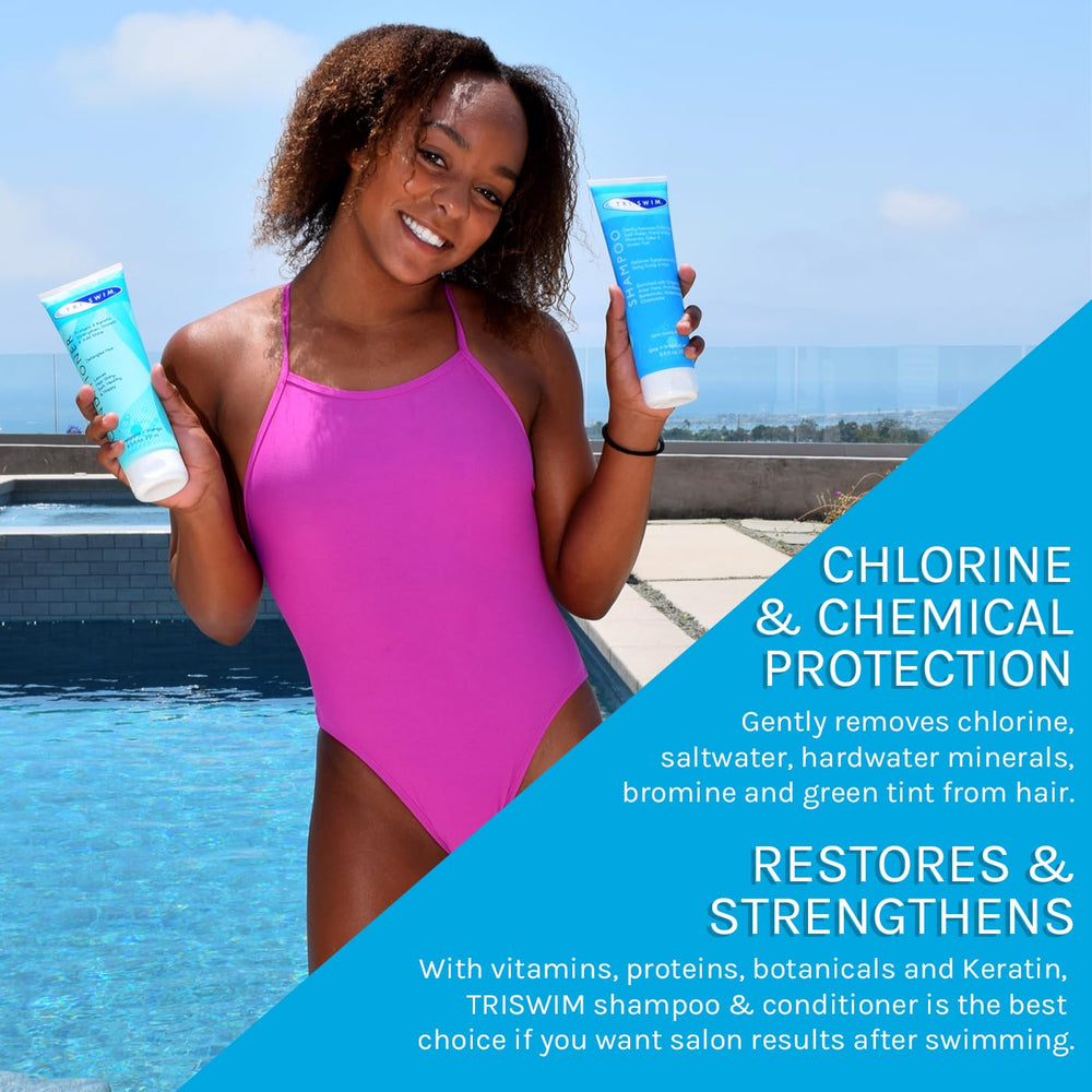 Person using TRISWIM after swim, brand refreshing hair and neutralizing odor