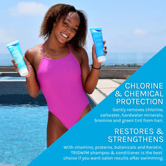 Person using TRISWIM after swim, brand refreshing hair and neutralizing odor