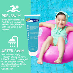 TRISWIM kids shampoo in use poolside with child having clean, hydrated hair