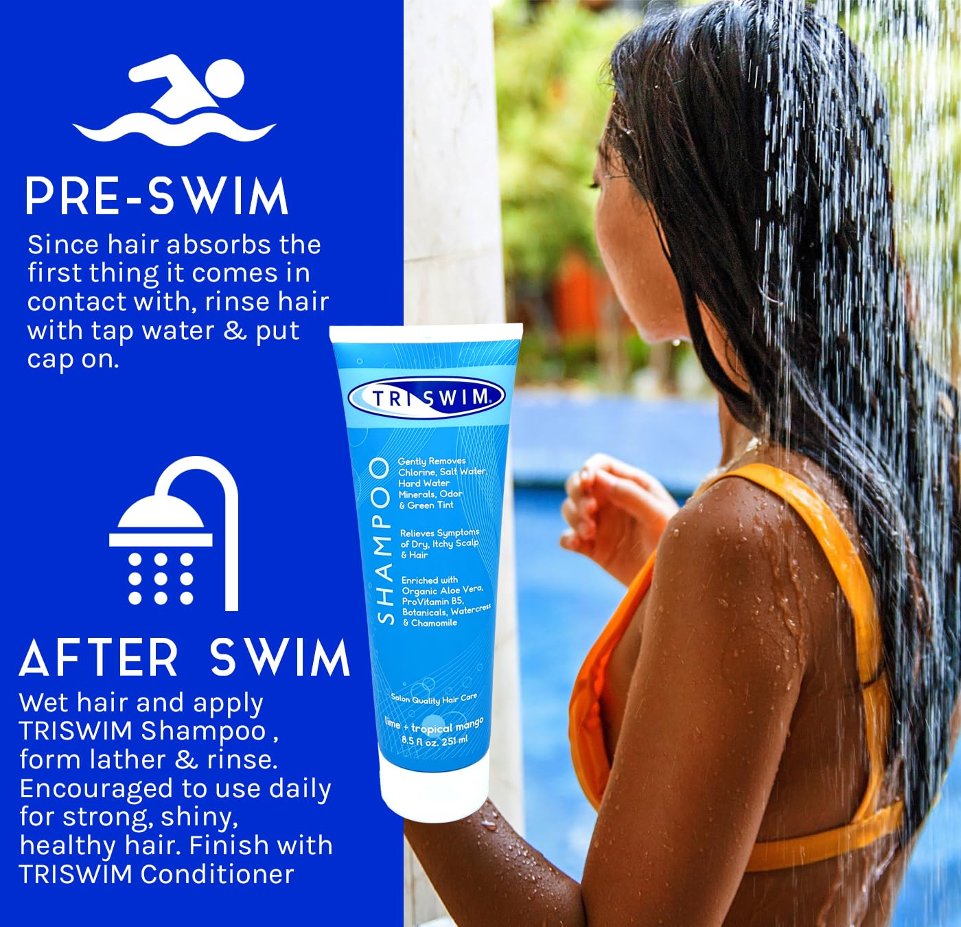 TRISWIM lather on hair demonstrating cleansing and residue removal