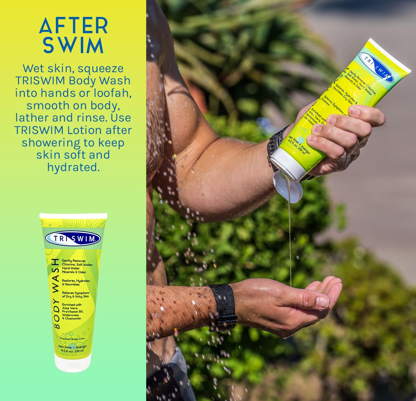 TRISWIM creamy lather on skin demonstrating gentle moisturizing cleanse