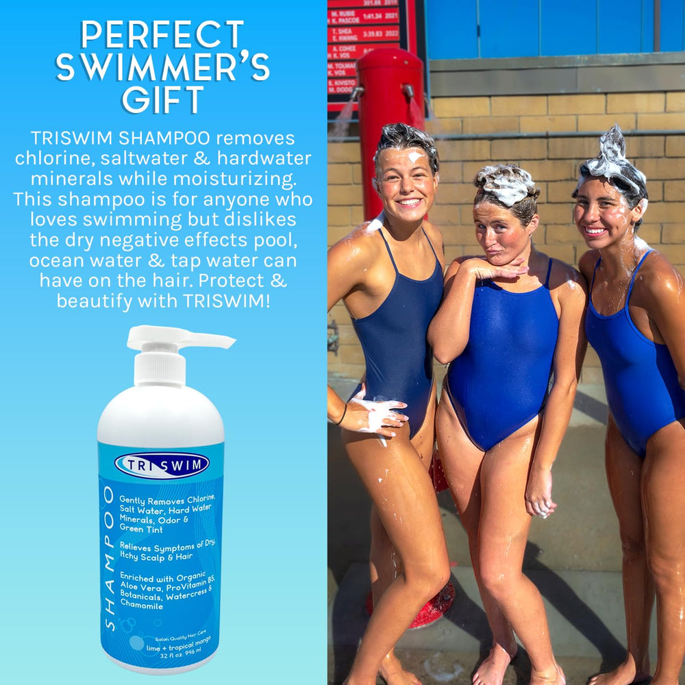 TRISWIM bottle poolside by outdoor shower demonstrating swimmer convenience