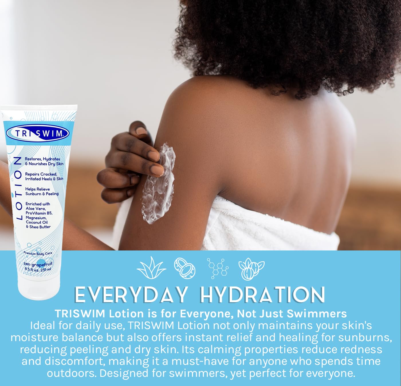 open cap dispensing lotion, TRISWIM easy-apply formula for quick absorption