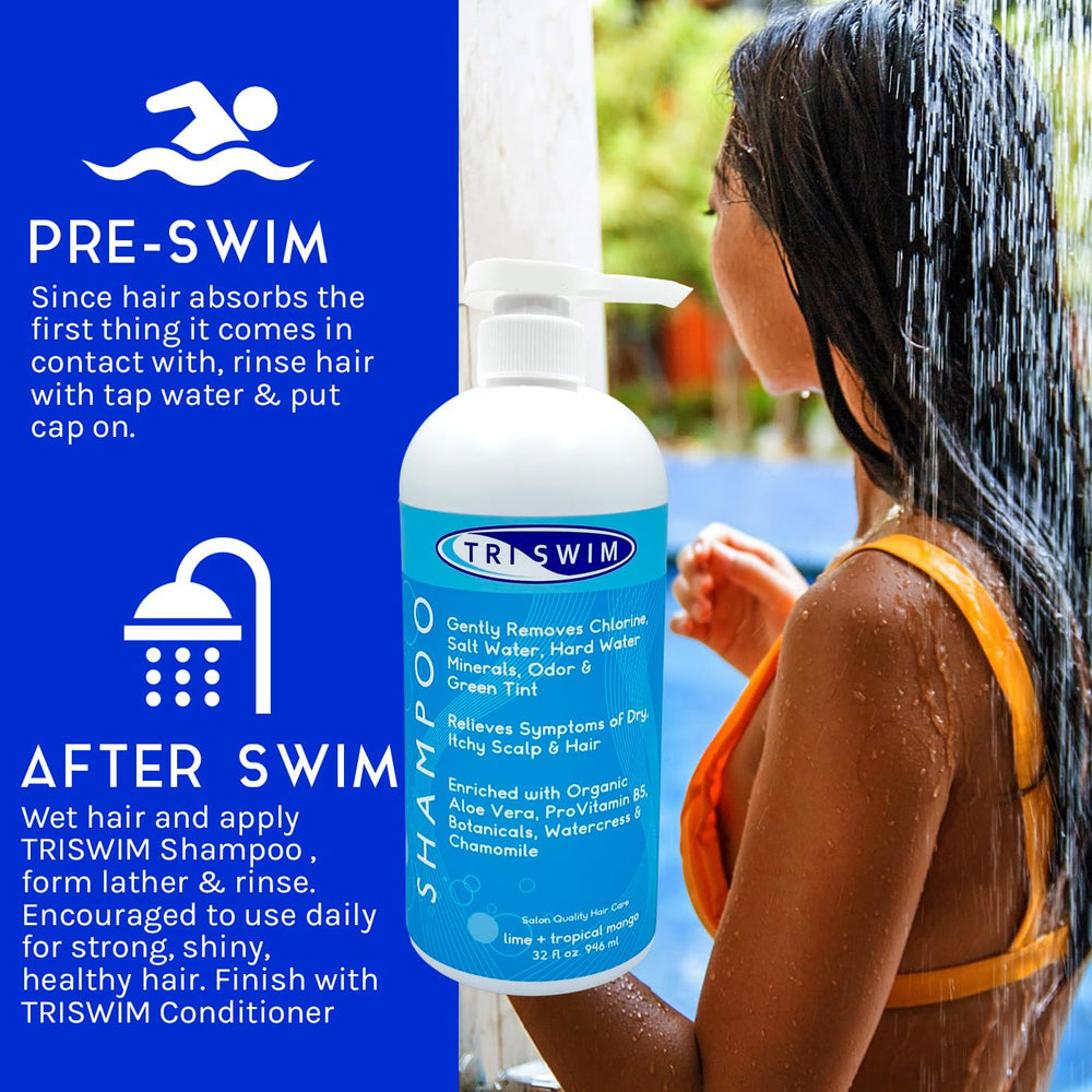 TRISWIM pump dispensing lather onto hand for effective chlorine removal