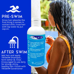 TRISWIM pump dispensing lather onto hand for effective chlorine removal